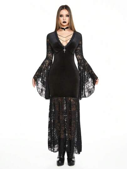 Dark Gothic Vampire Choker Collar Faux Pearl Chain Lace Splice Deep V Flare Sleeve Dress, For New Year