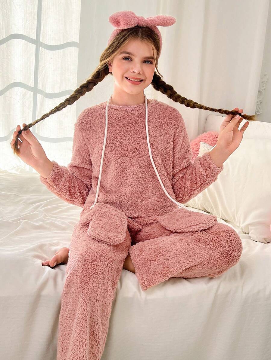SHEIN Tween Girls 3 件套柔软毛绒圆领套头长袖上衣，带裤子和手套睡衣套装，适合秋冬季的舒适家居服 - 藕粉色 - 查看 1