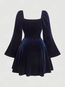 SHEIN MOD 大码棕色复古方领荷叶边胸前喇叭袖天鹅绒连衣裙