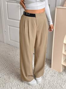 SHEIN EZwear 大码女式高腰系带不对称腰线直筒裤，秋冬款 - 巧克力棕 - 查看 6