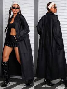 StreetHx 女士秋季长袖单排扣长款休闲宽松风衣 圣诞节女士感恩节女士 - 黑色 - 查看 1