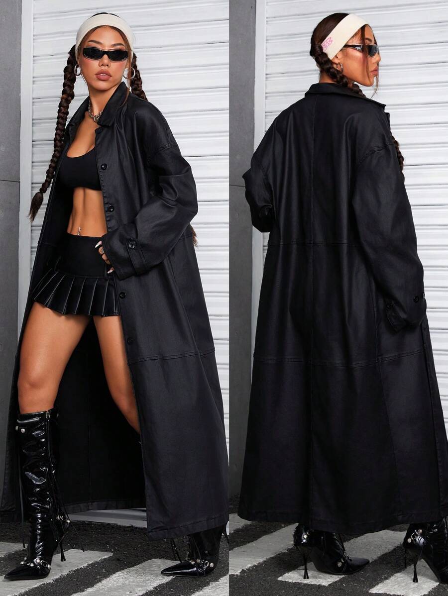 StreetHx 女士秋季长袖单排扣长款休闲宽松风衣 圣诞节女士感恩节女士 - 黑色 - 查看 1