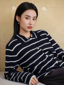 Dazy-Less Cárdigan casual de mujer con bloques de color y rayas, ropa de otoño para trabajo y casual de negocios