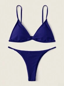 SHEIN Swim Solid Color Low Waist Two-Piece Bikini Swimwear With Triangle Cup, Suitable For Vacation & Beach Summer - Royal Blue - View 4