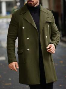 Manfinity Homme Men's Autumn/Winter Casual Solid Color Double-Breasted Overcoat - Olive Green - View 4