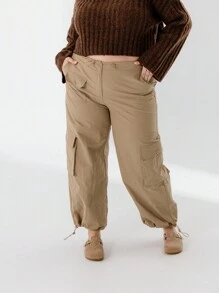 Aralina Plus Size Curve Relaxed Fit Cargo Style Wide Leg Everyday Styling Cargo Pants - Green - View 1