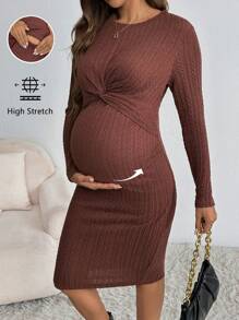 SHEIN 孕妇日常休闲哺乳连衣裙圆领长袖腰部扭结 - 棕色 - 查看 1