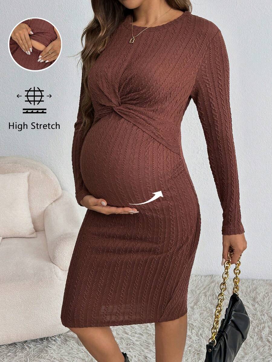 SHEIN 孕妇日常休闲哺乳连衣裙圆领长袖腰部扭结 - 棕色 - 查看 1