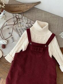 SHEIN LMoss Kids LMoss Baby Girl Cute Burgundy Corduroy Overall Dress