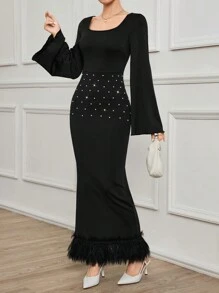 Modelyn Women's Extra Long Flare Sleeve Tassel Bead Detail Spring Autumn Dress Maxi Women Outfit Long Evening Dresses
