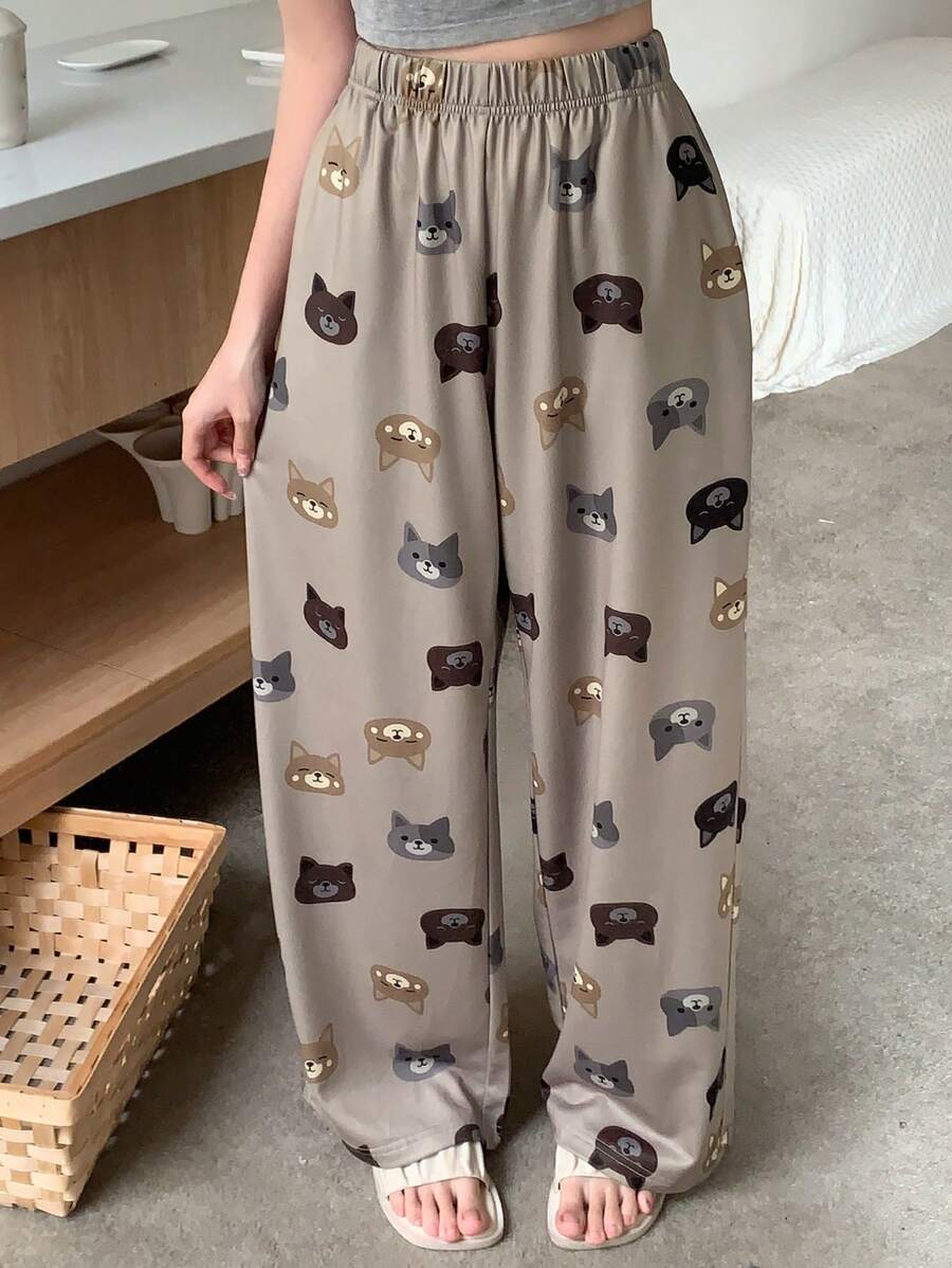 DAZY 可爱卡通猫咪印花宽松睡裤，秋冬款 - 卡其色 - 查看 1