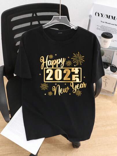 Teenage/Teen Boy 2025 Happy New Year Round Neck Loose Fit Short Sleeve T-Shirt