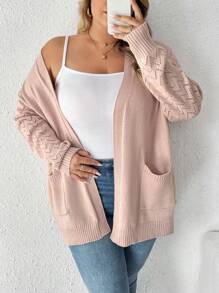 SHEIN CURVE+ Plus Solid Dual Pocket Cardigan For Spring & Autumn