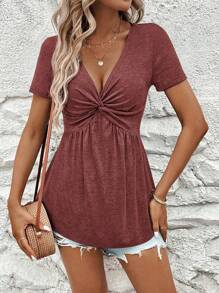 SHEIN Clasi Women Front Twist Ruched V-Neck Short Sleeve T-Shirt - Maroon - View 6