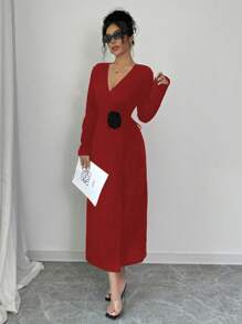 Elenzga Đầm dài tay thắt nút trang trí 3D màu tương phản thanh lịch cho nữ, trang phục thu đông năm mới cho phụ nữ - Đỏ - Xem 3