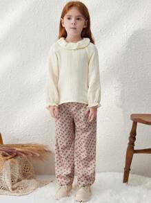Blossori Blusa Jovem de Babados Casuais em Cor Damasco, Elegante Estilo Francês, Outono/Inverno