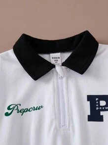 PrepCrw 年轻男孩学院风白色字母印花针织修身马球领运动衫，返校季，秋冬季 - 白色 - 查看 5