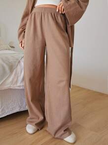 RueChic Women's Solid Color Drop Shoulder Long Sleeve Open Front Jacket And Pants Casual Loose 2 Piece Set - Camel - View 6