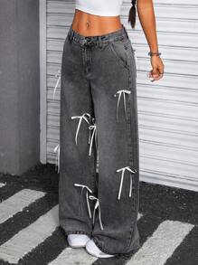 SHEIN ICON 女式低腰蝴蝶结装饰洗水牛仔裤