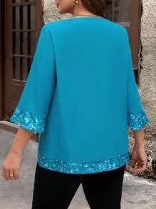 EMERY ROSE 大码女式拼接闪亮印花圆领 3/4 袖宽松衬衫，适合秋季 - 藍色 - 查看 2