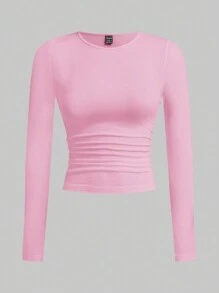 SHEIN EZwear 多色针织女式秋季圆领长袖褶皱修身 T 恤 - 粉色 - 查看 3