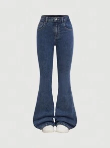 SHEIN Tween Girl 粉色蝴蝶结心形口袋蓝色牛仔喇叭裤 - 中等水洗藍 - 查看 2