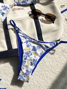 Swim Mod 2pcs/Set Ditsy Floral Halter Crop Top And Cheeky Bikini Bottom Bikinis Summer - Multicolor - View 4