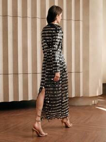 Anewsta Premium Luxury Brand Long Sleeve Dress With Sequins, Women, Autumn/Winter Maxi Women Outfit - Black - View 2