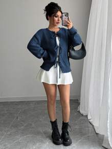 Rafferiza Crew Neck Front Tie Design Long Sleeve Cardigan - Navy Blue - View 4