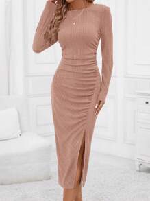 SHEIN Clasi Solid Split Thigh Dress Thread Ribbed - Pink - View 6