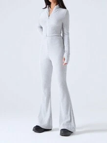 SHEIN EZwear 2 Pcs Casual Outfit For Plus Size Women, Solid Color Long Sleeve Zip-Up Jacket And Pants Set, Autumn - Grey - View 4