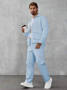 Manfinity CasualCool Men's Solid Color Front Button Pocket Long Sleeve Jacket And Drawstring Waist Long Pants Set - Blue - View 4