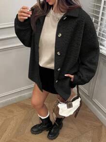 SHEIN EZwear Áo khoác ngoài dài tay màu đen, cài khuy đơn giản cho nữ vào mùa thu/đông - màu đen - Xem 5