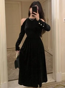 DAZY Đầm midi dài tay hở vai màu trơn cổ tròn khoét sâu cho nữ, Đầm dạ hội đêm giao thừa thanh lịch, trang phục mùa thu sang trọng - màu đen - Xem 5