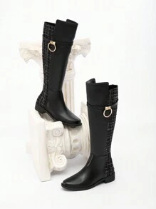 CUCCOO CHICEST 女士时尚百搭黑色过膝靴，金属扣装饰，侧拉链，圆头，粗跟，舒适冬靴，适合秋冬季圣诞节和新年假期氛围秋冬季 - 黑色 - 查看 4