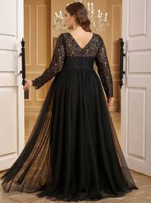 UNITHORSE 大码女式优雅蕾丝花朵长袖网眼婚纱搭配华丽连衣裙，全白派对服装女式 - 黑色 - 查看 2