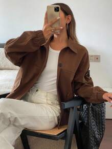 DAZY Solid Color Loose Fit Long Sleeve Lapel Pocket Women Jacket,Fall Women Clothes - Brown - View 6