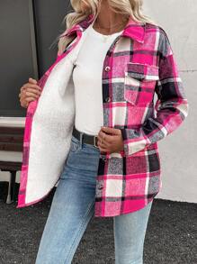 SHEIN LUNE Women's Drop Shoulder Plaid Utility Pockets Casual Fleece Jacket For Autumn/Winter - Hot Pink - View 7