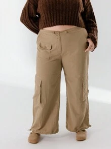 Aralina Plus Size Curve Relaxed Fit Cargo Style Wide Leg Everyday Styling Cargo Pants - Green - View 8