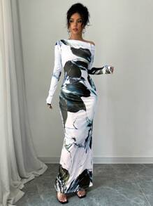 Rafferiza Elegant Women Floral Print Asymmetric Neck Long Sleeve Cinched Waist Dress, Autumn Maxi Women Outfit Fall Cloth For Women