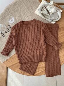 SHEIN LMoss Kids LMoss 秋冬 2 件套女婴可爱简约纯色长袖毛衣和松紧腰裤套装 - 卡其色 - 查看 7