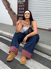 SHEIN ICON Combinaison cargo utilitaire à carreaux de couleur contrastée, effet délavé, sans stretch, pour la mode de rue décontractée, tailles grandes, pour l'été