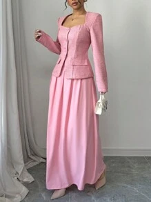 Elenzga Women's Tweed Lapel Collar Long Sleeve Elegant Blazer Jacket + White Skirt Suit, Spring/Autumn Fall Cloth For Women - Pink - View 3