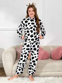 SHEIN Tween Girls 2-Pc Soft Fleece Cow Ear Hooded Long Sleeve Top & Pants Pajama Set, Comfortable And Skin-Friendly For Autumn/Winter - Black and White - View 4