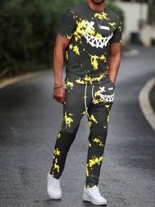 Manfinity Roughcore 2pcs Men's Smiling Face Print Round Neck Short Sleeve T-Shirt & Drawstring Waist Shorts Casual Set - Multicolor - View 1