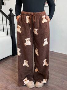 SHEIN EZwear Pantalones holgados y esponjosos de talla grande con patrón de oso para mujer, con cintura de lazo, para otoño/invierno - Multicolor - Ver 3