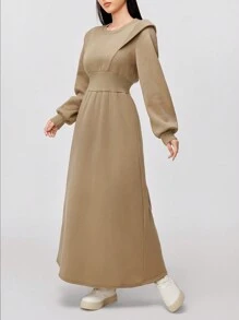 Mulvari Vestido sudadera con capucha de cintura alta a cuadros patchwork con cordón para mujer, otoño/invierno