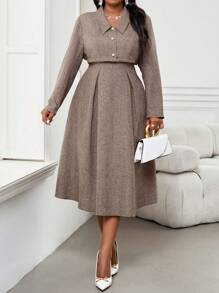 SHEIN Lady 秋冬优雅通勤办公室卡其色梭织方领喇叭中长袖大码套装冬季女装女套装感恩节女装保暖长袖两件套冬季服装圣诞女装圣诞服装长袖连衣裙女两件套圣诞女装女西装外套圣诞连衣裙感恩节圣诞服装冬季冬装冬季套装假日冬季女装套装棕色高级优雅服装秋季服装曲线优雅女装秋季女装秋季女装冬季服装新年女装女装冬季服装