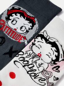 Betty Boop x SHEIN 2 đôi tất cổ cao nữ họa tiết hoạt hình dễ thương, quà tặng, XOXO, nụ hôn, tình yêu, ý tưởng quà tặng, tiệc tùng, ngày lễ, Ngày Valentine - Nhiều màu - Xem 3