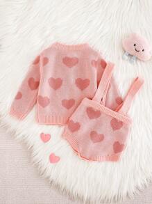 SHEIN 2 件套女婴套装，秋冬简约百搭时尚可爱针织粉红心形开衫和针织粉红心形裤子，适合户外、郊游、派对和婴儿洗礼活动 - 粉色 - 查看 2